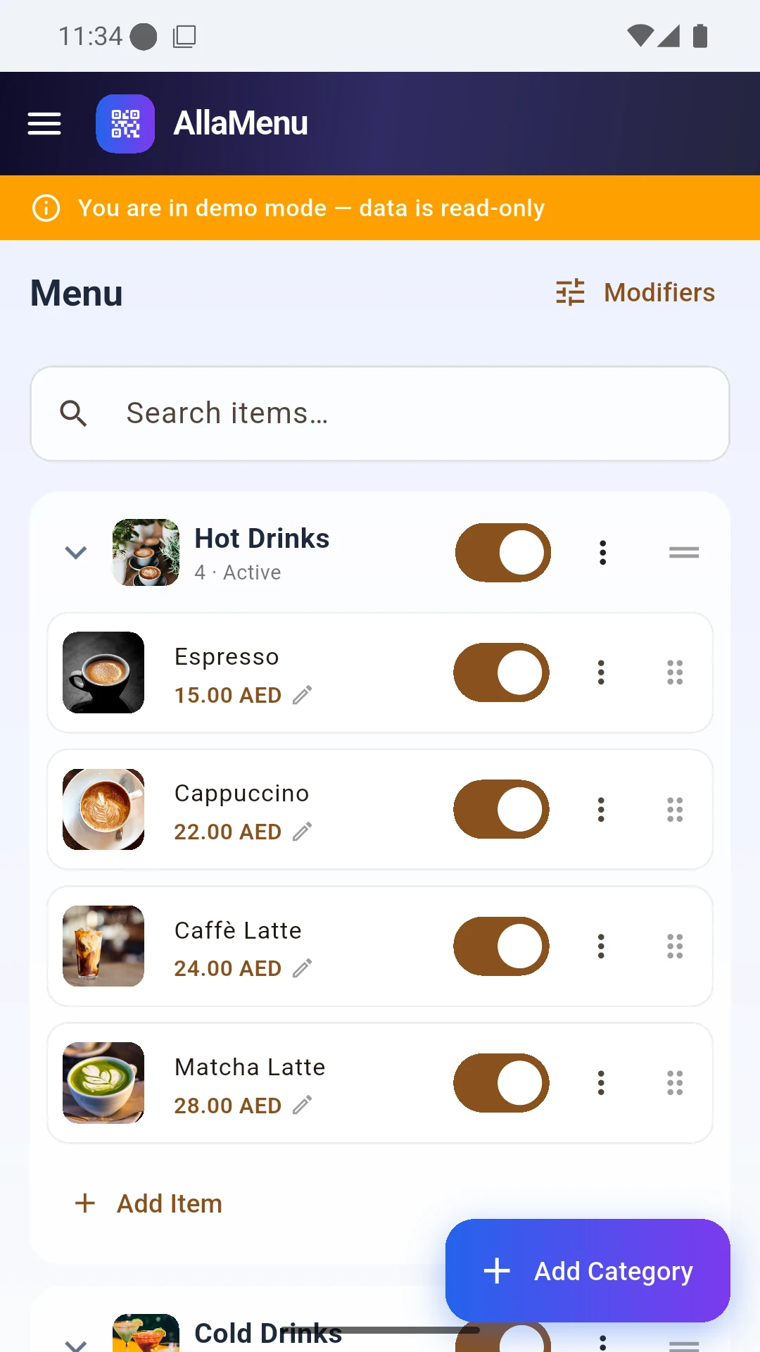 The owner dashboard on a phone — Menu